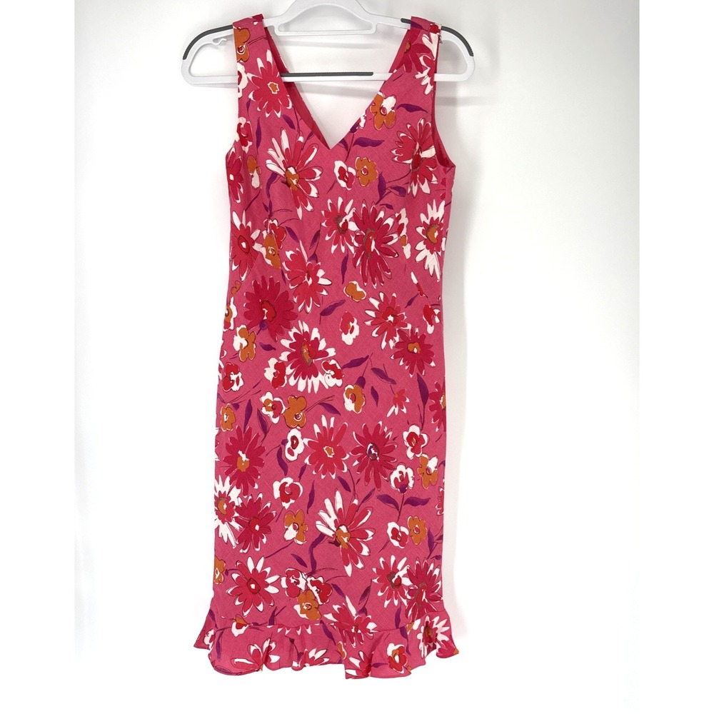 Evan Picone Dress Womens 6 Pink Floral Linen Blend Ruffle Hem Wedding Guest